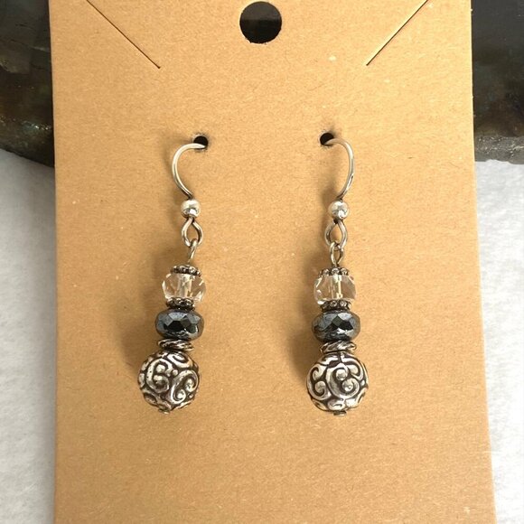 Sterling Silver 925 Faceted Glass Scrollwork Beaded Dangle Earrings - Picture 6 of 12